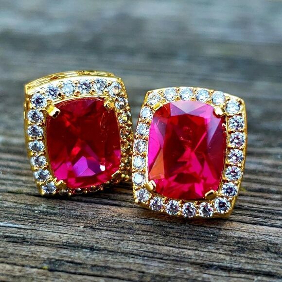 Lab Simulated Ruby & Diamond Rectangle Earrings - Picture 3 of 4
